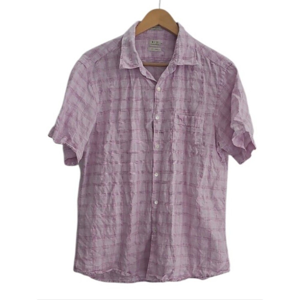 Richards 100% Linen Shirt Men L Pink Plaid Short Sleeve Coastal Resort Vacation
